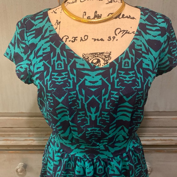 Women Lily Rose Dress Size XS Blue Green Back Button Zipper Short Sleeve Lined - Picture 2 of 7